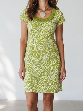 BODEN Linen Green and White Floral Shift Dress | Size 12